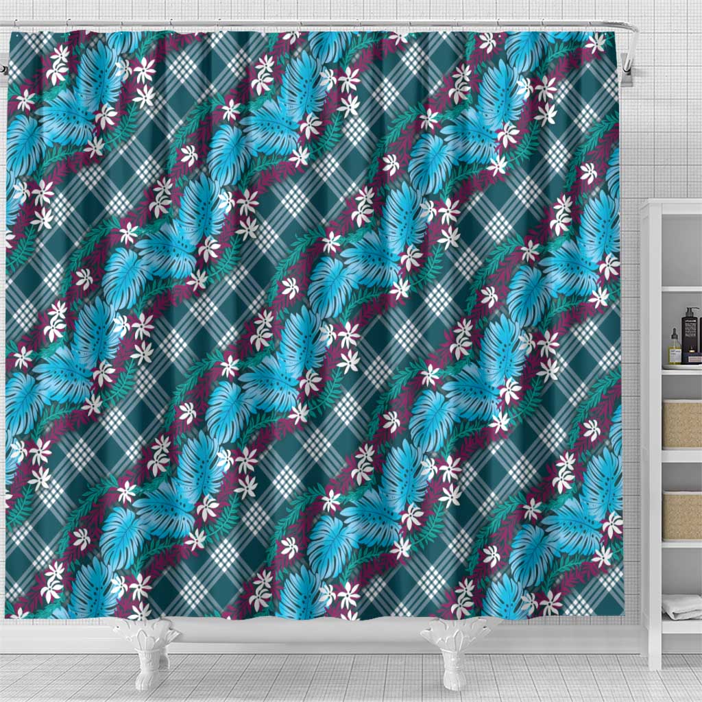 Polynesian Monstera Tiare Floral Shower Curtain Dark Teal Tropical Plaid LT01 - Polynesian Pride