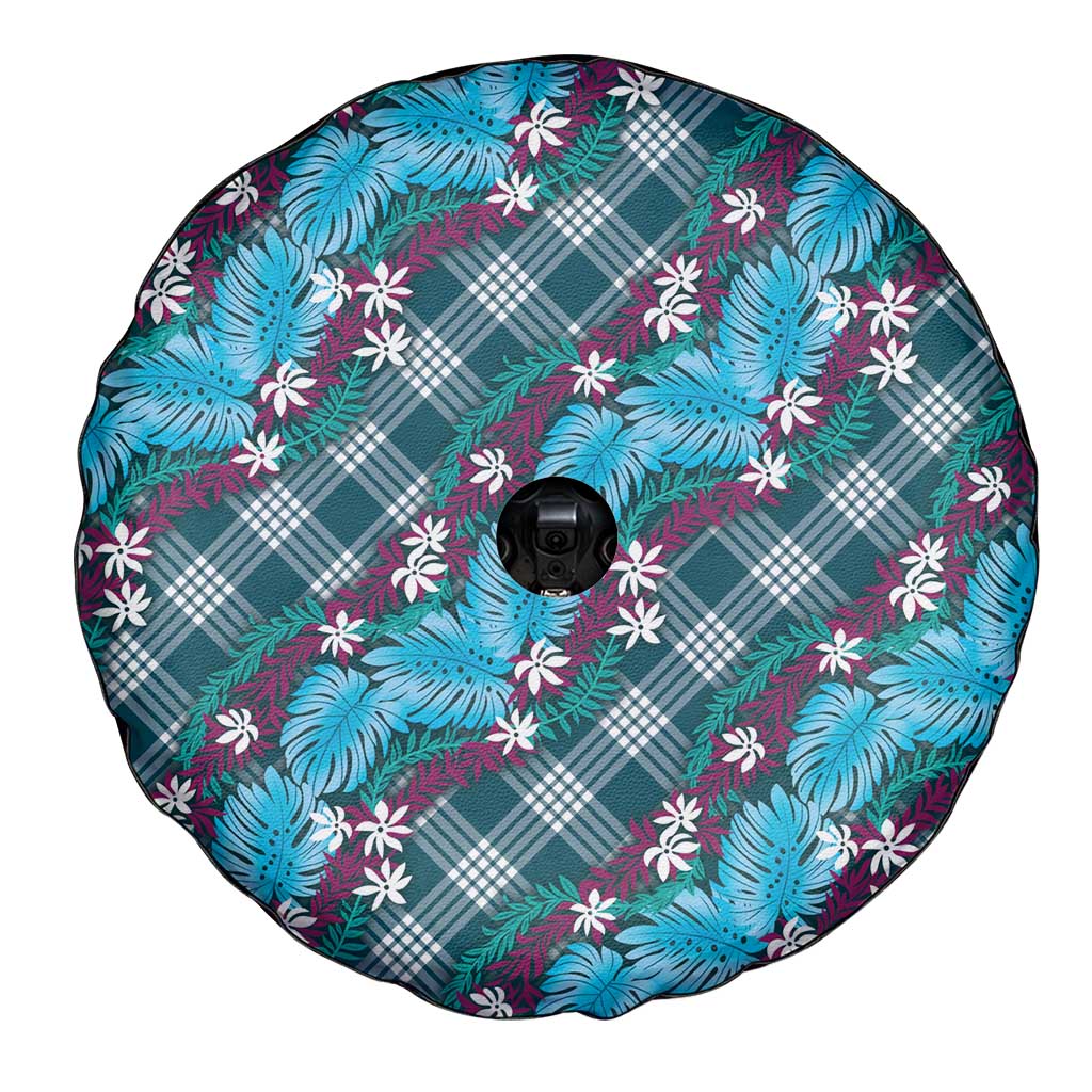 Polynesian Monstera Tiare Floral Spare Tire Cover Dark Teal Tropical Plaid LT01 - Polynesian Pride