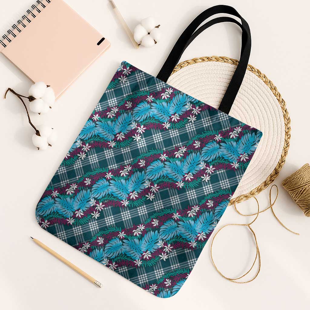 Polynesian Monstera Tiare Floral Tote Bag Dark Teal Tropical Plaid LT01 Black Strap One Size Teal - Polynesian Pride