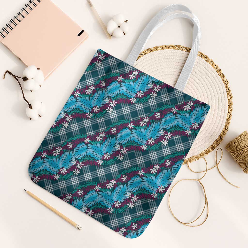 Polynesian Monstera Tiare Floral Tote Bag Dark Teal Tropical Plaid LT01 White Strap One Size Teal - Polynesian Pride