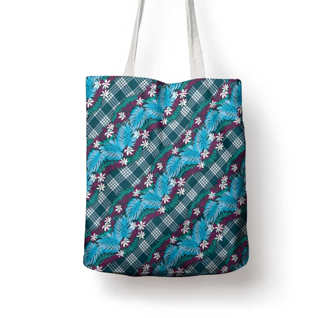 Polynesian Monstera Tiare Floral Tote Bag Dark Teal Tropical Plaid LT01 - Polynesian Pride