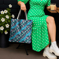 Polynesian Monstera Tiare Floral Tote Bag Dark Teal Tropical Plaid LT01 - Polynesian Pride