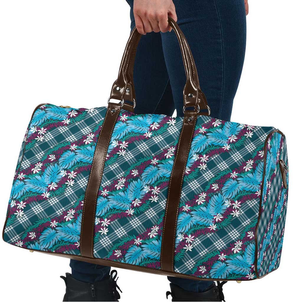 Polynesian Monstera Tiare Floral Travel Bag Dark Teal Tropical Plaid LT01 - Polynesian Pride