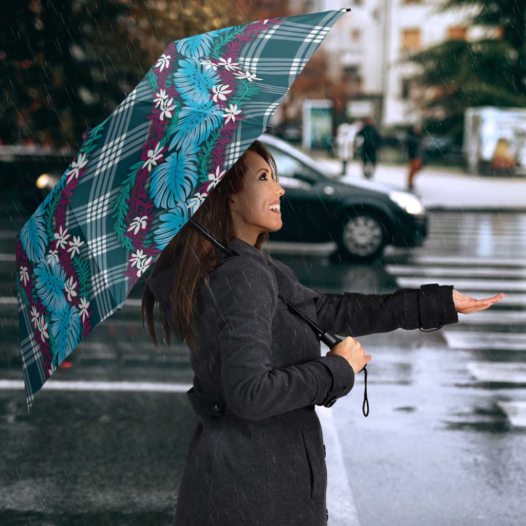 Polynesian Monstera Tiare Floral Umbrella Dark Teal Tropical Plaid - Polynesian Pride