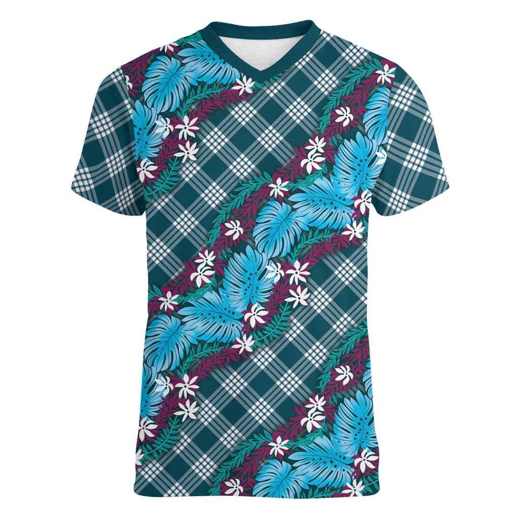 Polynesian Monstera Tiare Floral Women V-Neck T-Shirt Dark Teal Tropical Plaid - Polynesian Pride