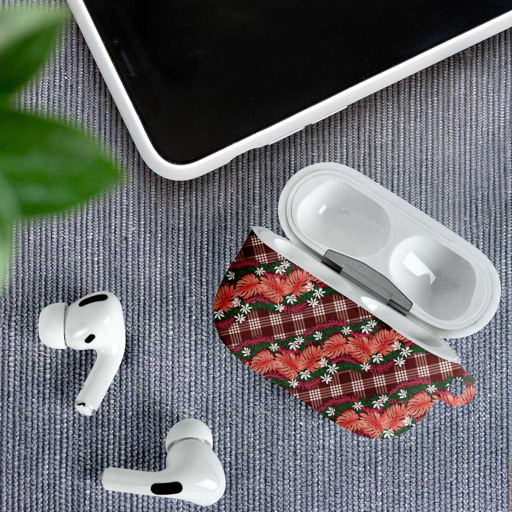 Polynesian Monstera Tiare Floral AirPods Case Burgundy Tropical Plaid - Polynesian Pride