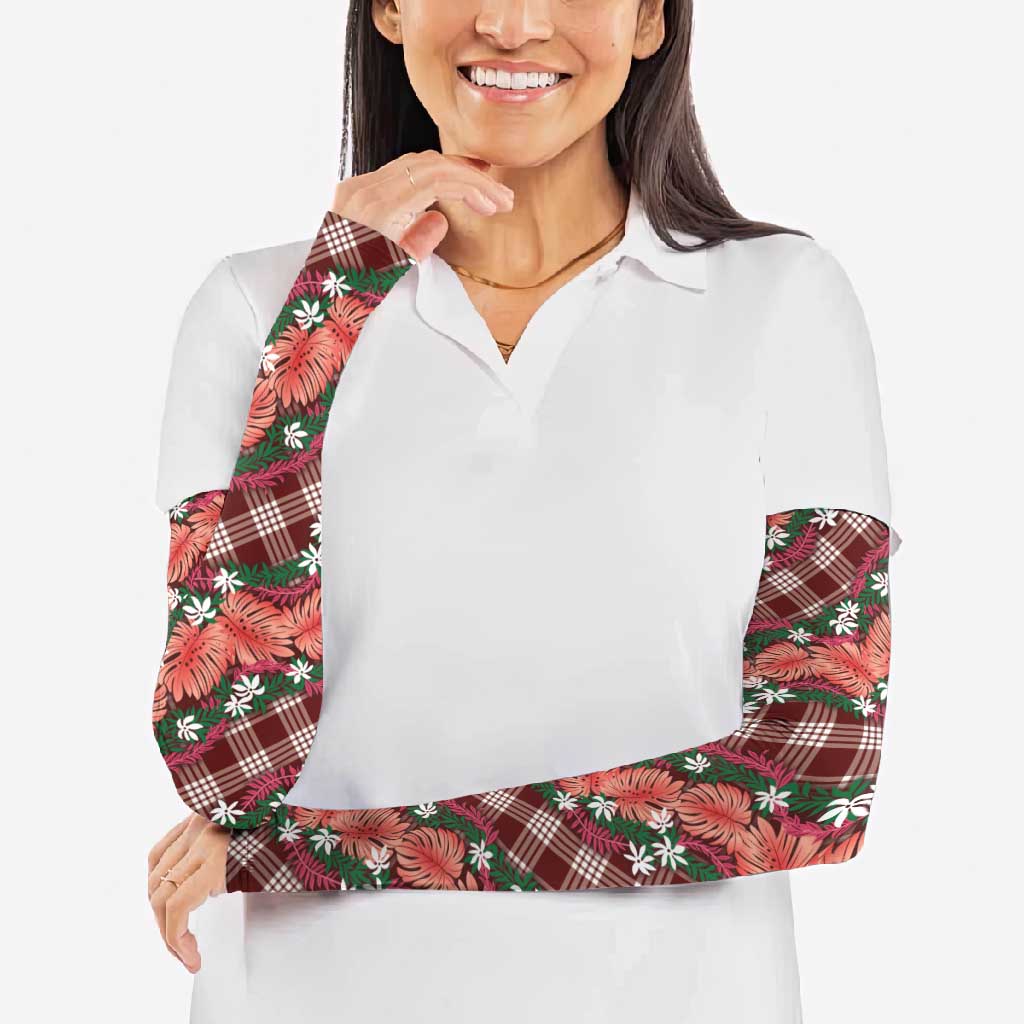 Polynesian Monstera Tiare Floral Arm Sleeves Burgundy Tropical Plaid - Polynesian Pride