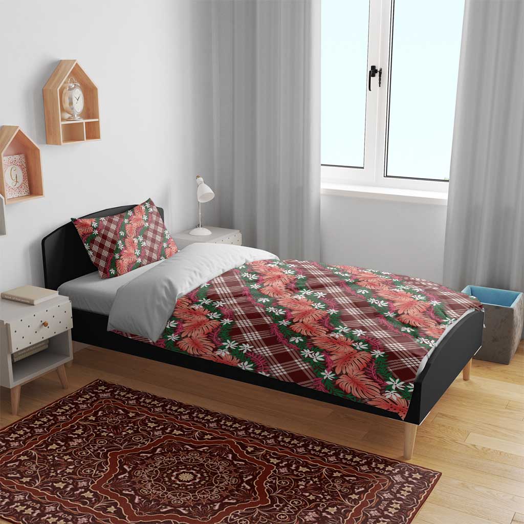 Polynesian Monstera Tiare Floral Bedding Set Burgundy Tropical Plaid - Polynesian Pride