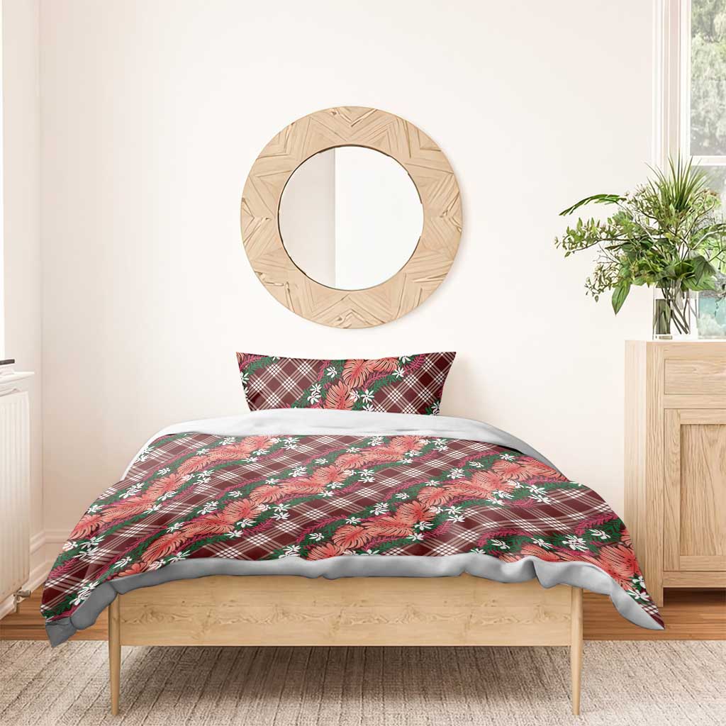 Polynesian Monstera Tiare Floral Bedding Set Burgundy Tropical Plaid - Polynesian Pride