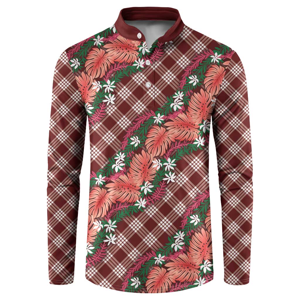 Polynesian Monstera Tiare Floral Button Sweatshirt Burgundy Tropical Plaid - Polynesian Pride