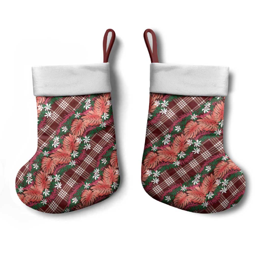 Polynesian Monstera Tiare Floral Christmas Stocking Burgundy Tropical Plaid LT01 - Polynesian Pride