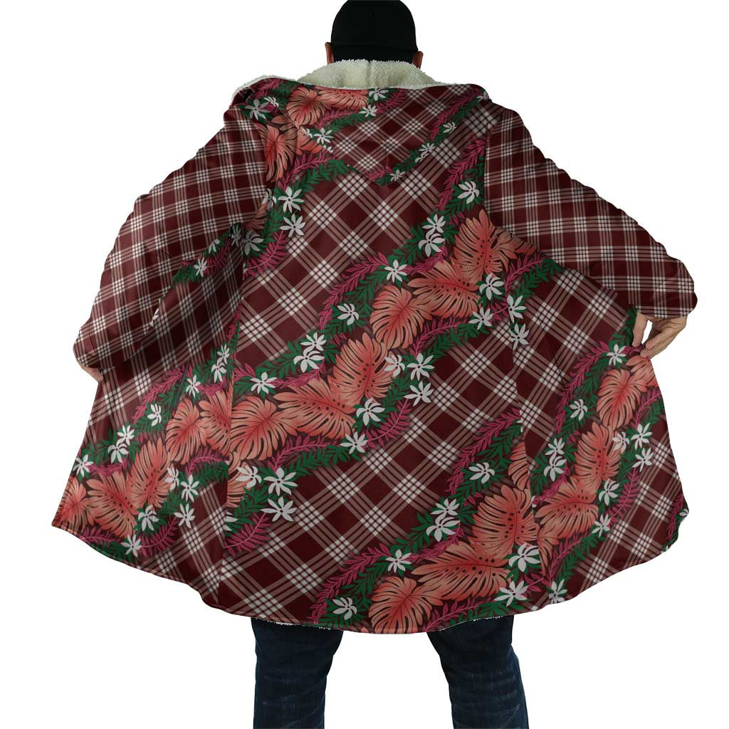Polynesian Monstera Tiare Floral Cloak Burgundy Tropical Plaid - Polynesian Pride
