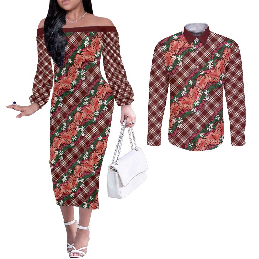 Polynesian Monstera Tiare Floral Couples Matching Off The Shoulder Long Sleeve Dress and Long Sleeve Button Shirt Burgundy Tropical Plaid - Polynesian Pride