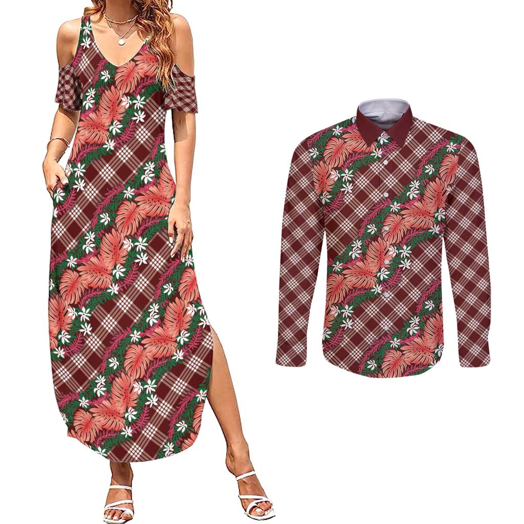 Polynesian Monstera Tiare Floral Couples Matching Summer Maxi Dress and Long Sleeve Button Shirt Burgundy Tropical Plaid LT01 Red - Polynesian Pride