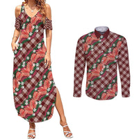 Polynesian Monstera Tiare Floral Couples Matching Summer Maxi Dress and Long Sleeve Button Shirt Burgundy Tropical Plaid LT01 Red - Polynesian Pride