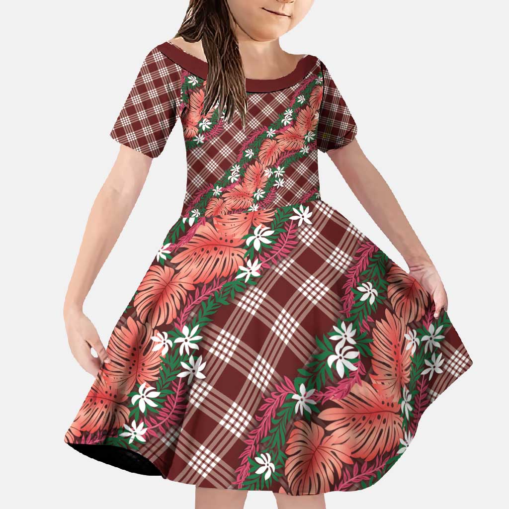 Polynesian Monstera Tiare Floral Family Matching Long Sleeve Bodycon Dress and Hawaiian Shirt Burgundy Tropical Plaid - Polynesian Pride