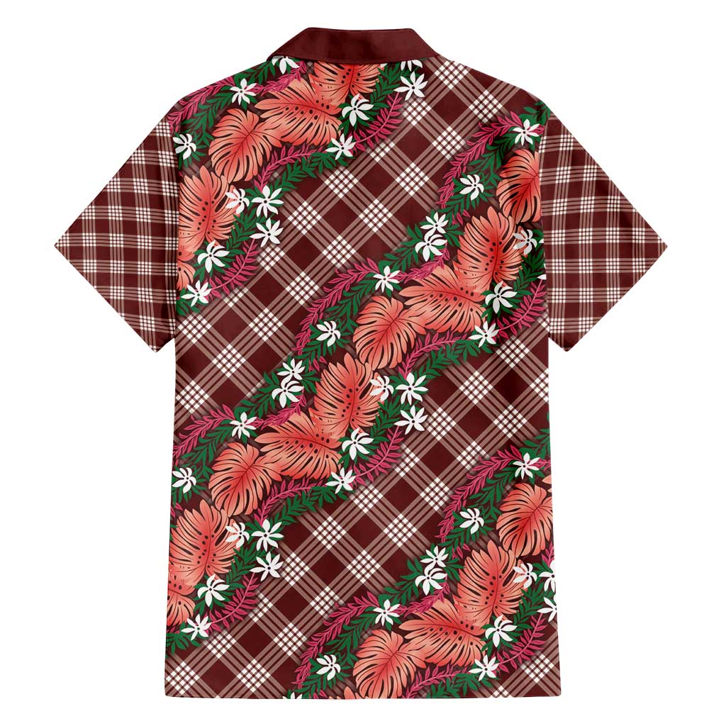 Polynesian Monstera Tiare Floral Family Matching Long Sleeve Bodycon Dress and Hawaiian Shirt Burgundy Tropical Plaid - Polynesian Pride