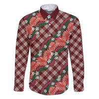 Polynesian Monstera Tiare Floral Family Matching Long Sleeve Bodycon Dress and Hawaiian Shirt Burgundy Tropical Plaid - Polynesian Pride