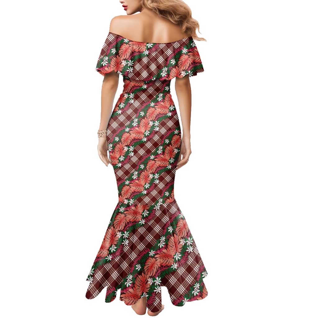 Polynesian Monstera Tiare Floral Family Matching Mermaid Dress and Hawaiian Shirt Burgundy Tropical Plaid - Polynesian Pride