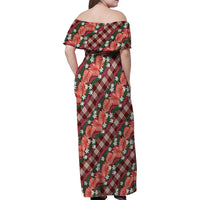 Polynesian Monstera Tiare Floral Family Matching Off Shoulder Maxi Dress and Hawaiian Shirt Burgundy Tropical Plaid - Polynesian Pride