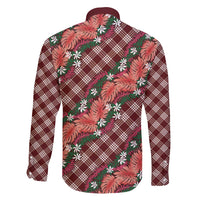 Polynesian Monstera Tiare Floral Family Matching Off Shoulder Short Dress and Hawaiian Shirt Burgundy Tropical Plaid - Polynesian Pride