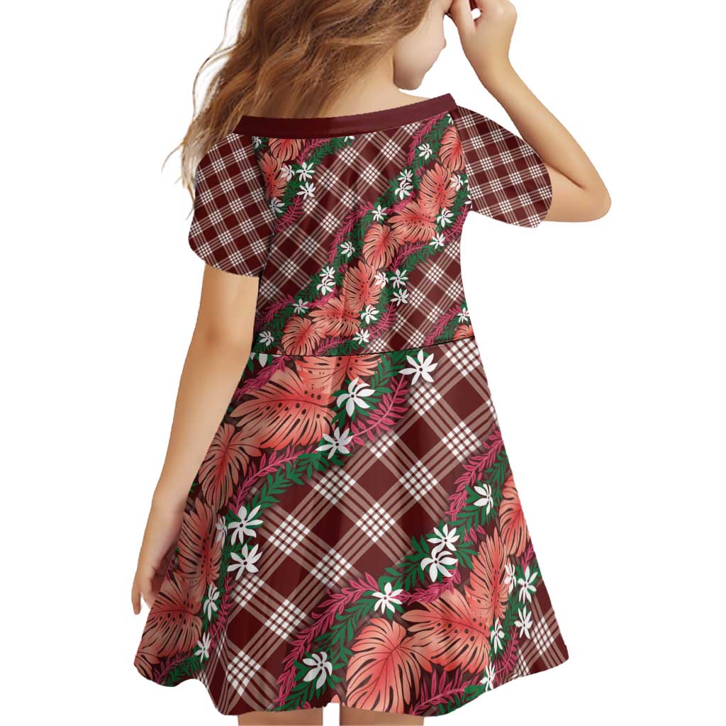 Polynesian Monstera Tiare Floral Family Matching Puletasi and Hawaiian Shirt Burgundy Tropical Plaid - Polynesian Pride