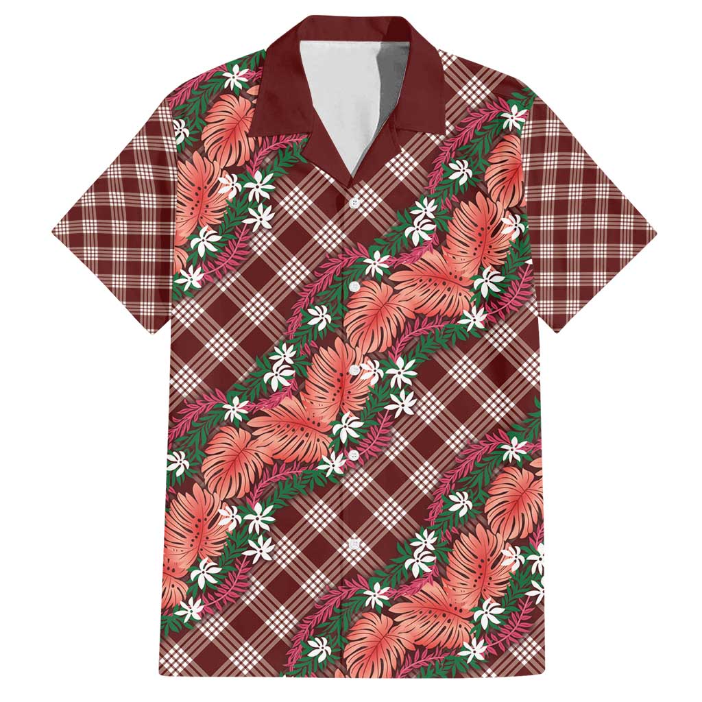 Polynesian Monstera Tiare Floral Family Matching Puletasi and Hawaiian Shirt Burgundy Tropical Plaid - Polynesian Pride