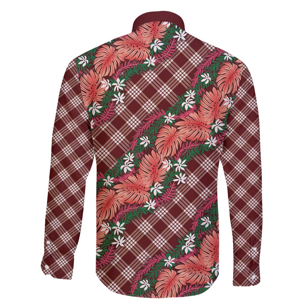 Polynesian Monstera Tiare Floral Family Matching Puletasi and Hawaiian Shirt Burgundy Tropical Plaid - Polynesian Pride