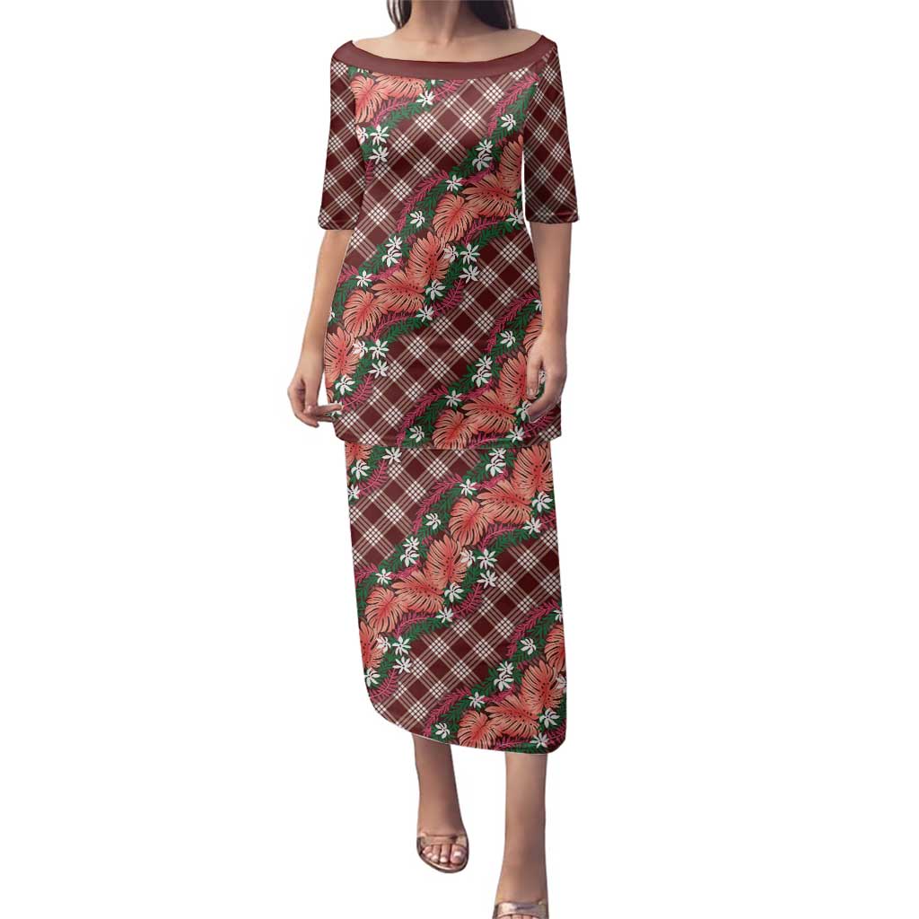 Polynesian Monstera Tiare Floral Family Matching Puletasi and Hawaiian Shirt Burgundy Tropical Plaid - Polynesian Pride