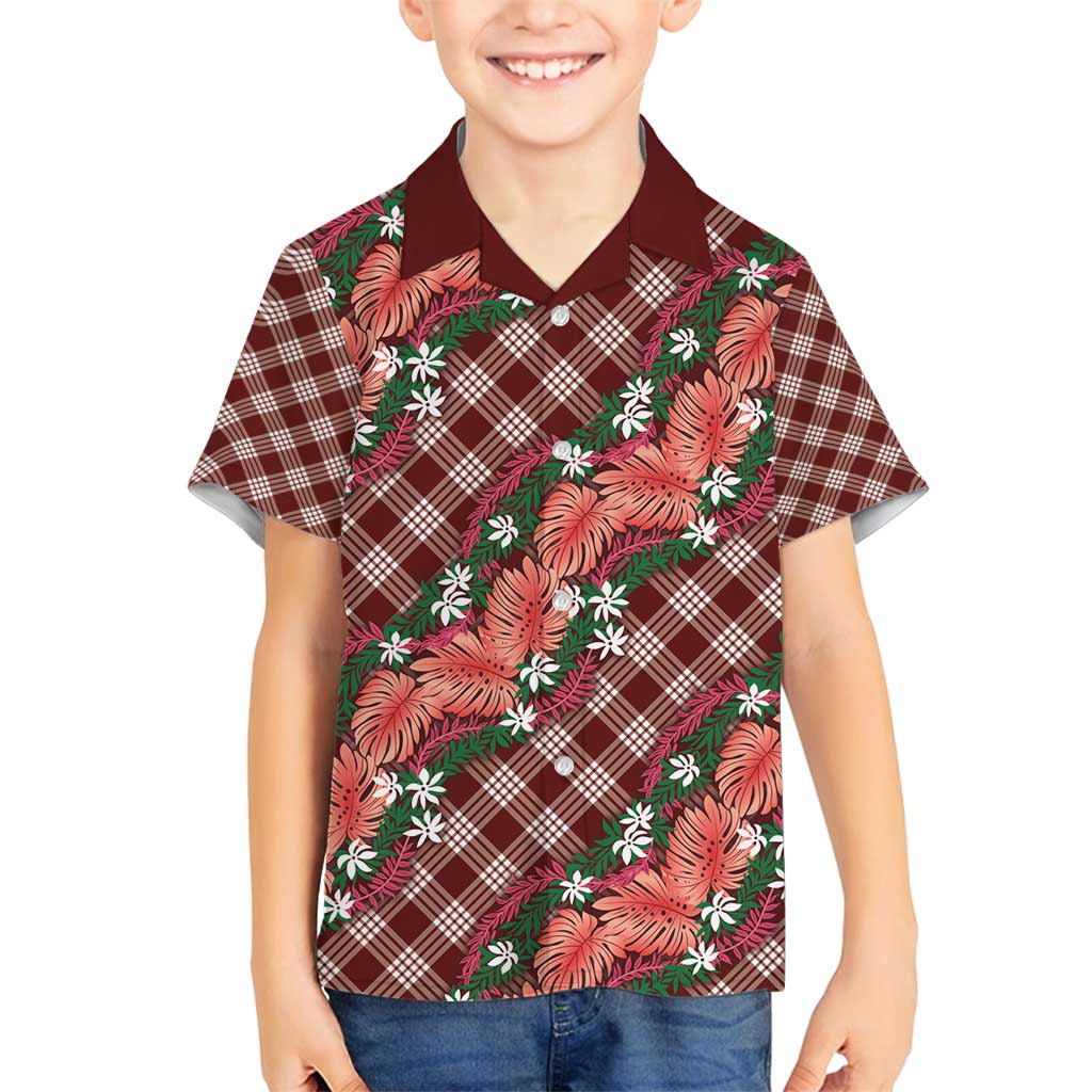 Polynesian Monstera Tiare Floral Family Matching Puletasi and Hawaiian Shirt Burgundy Tropical Plaid - Polynesian Pride