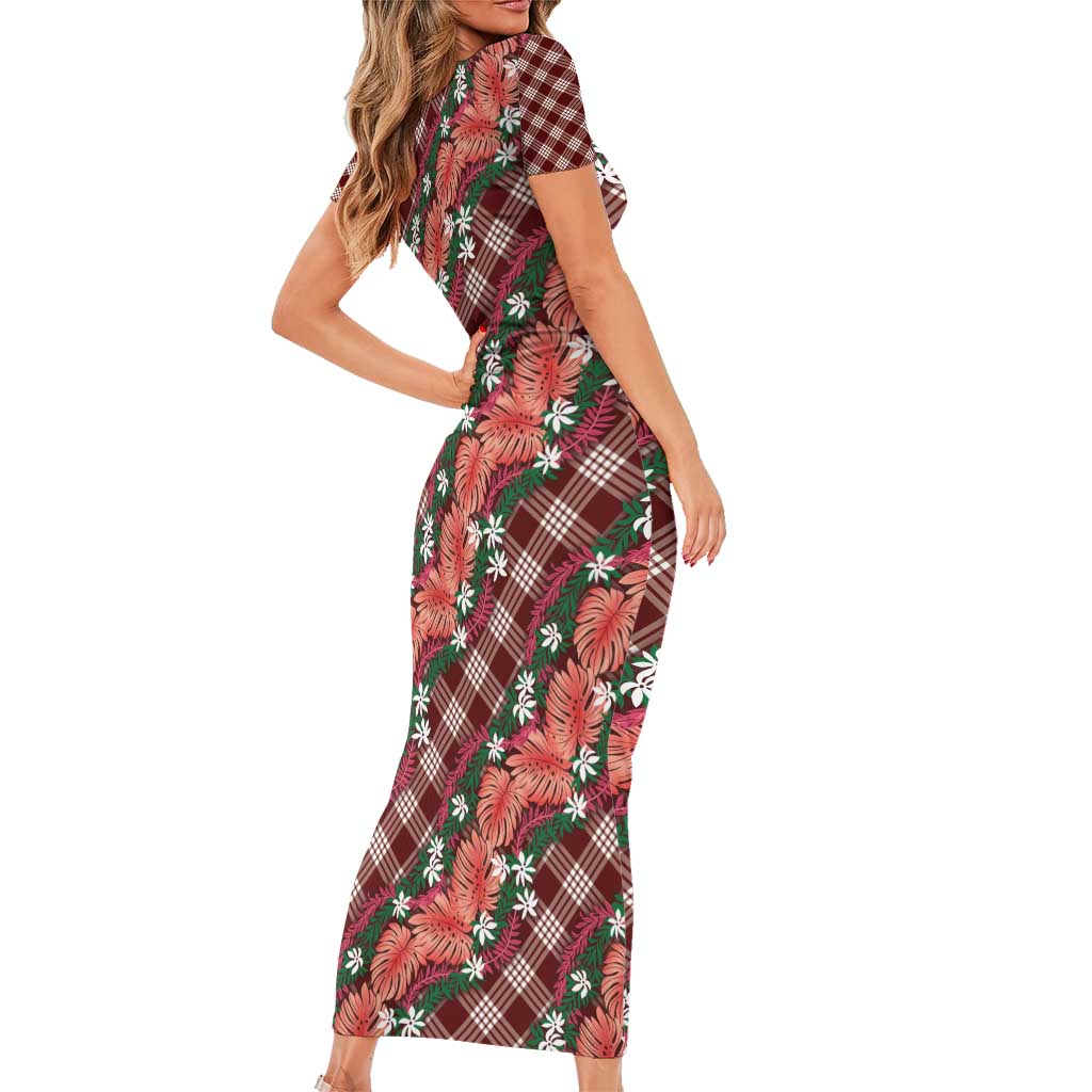 Polynesian Monstera Tiare Floral Family Matching Short Sleeve Bodycon Dress and Hawaiian Shirt Burgundy Tropical Plaid - Polynesian Pride