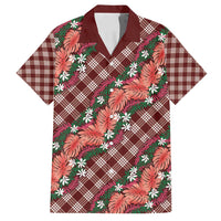 Polynesian Monstera Tiare Floral Family Matching Tank Maxi Dress and Hawaiian Shirt Burgundy Tropical Plaid - Polynesian Pride