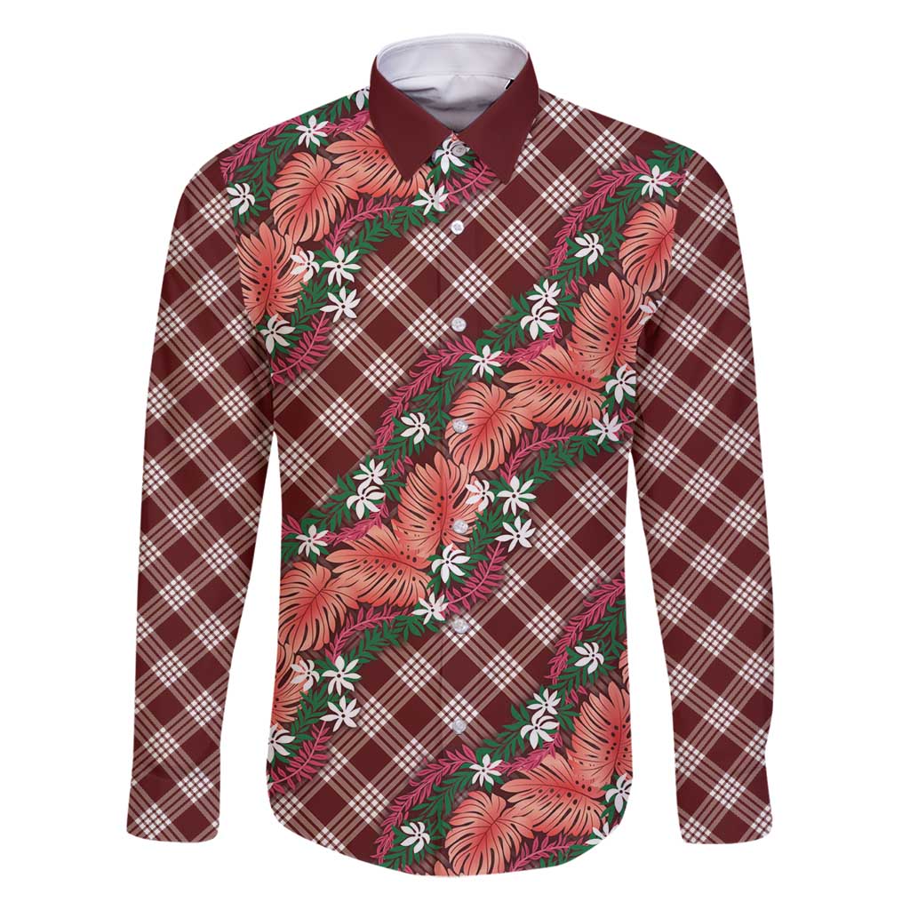 Polynesian Monstera Tiare Floral Family Matching Tank Maxi Dress and Hawaiian Shirt Burgundy Tropical Plaid - Polynesian Pride