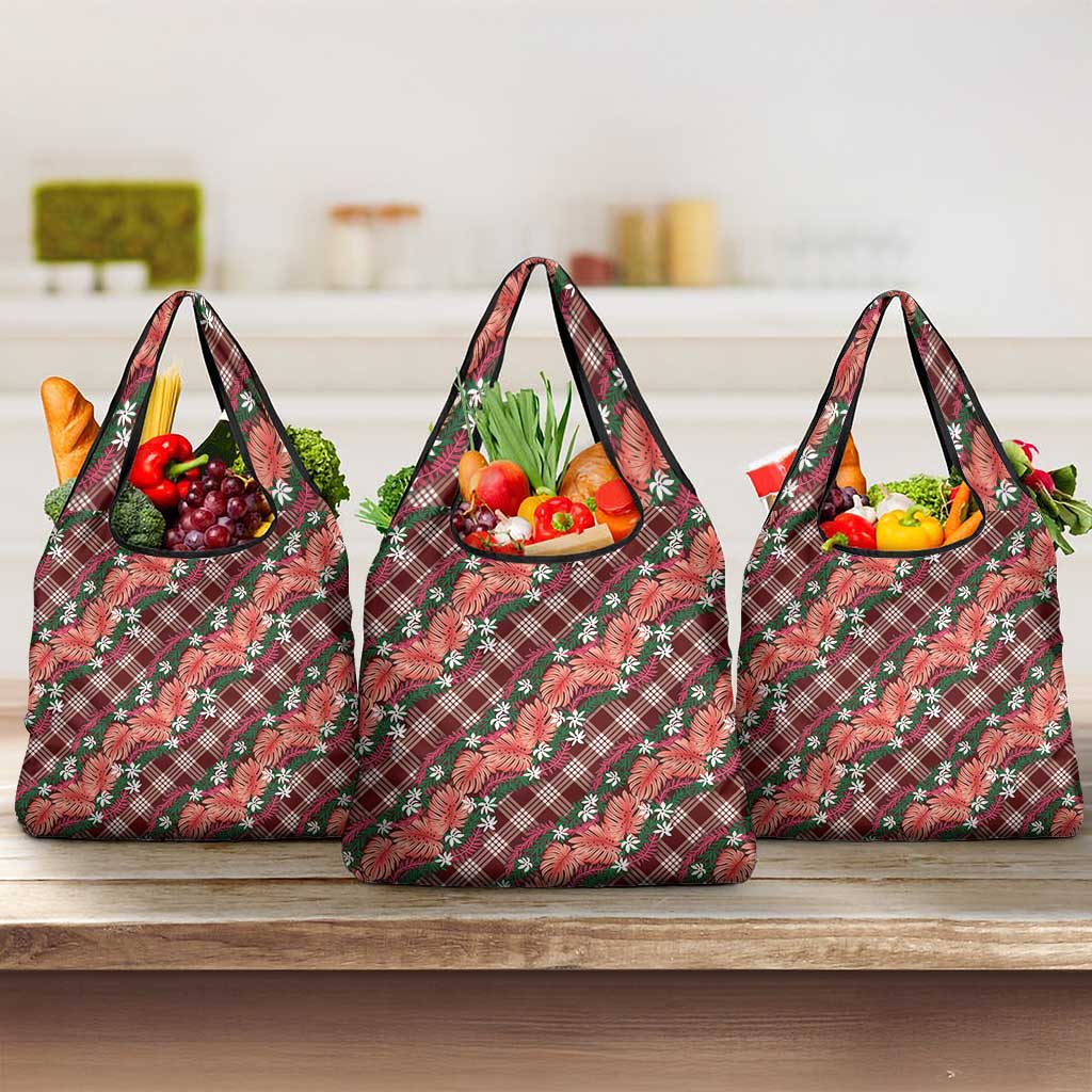 Polynesian Monstera Tiare Floral Grocery Bag Burgundy Tropical Plaid LT01 3-pack One Size Red - Polynesian Pride