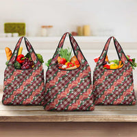 Polynesian Monstera Tiare Floral Grocery Bag Burgundy Tropical Plaid LT01 3-pack One Size Red - Polynesian Pride