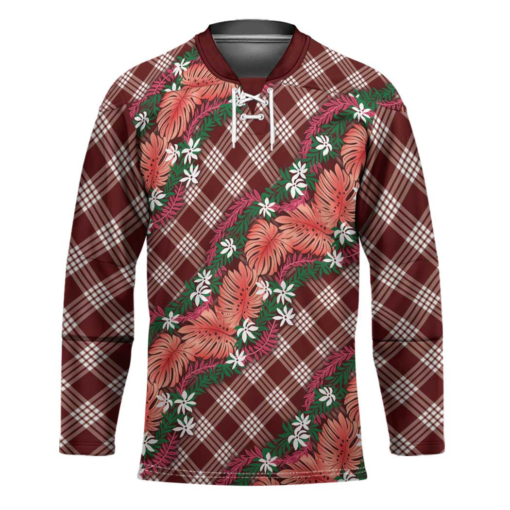 Polynesian Monstera Tiare Floral Hockey Jersey Burgundy Tropical Plaid - Polynesian Pride
