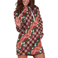 Polynesian Monstera Tiare Floral Hoodie Dress Burgundy Tropical Plaid LT01 Red - Polynesian Pride