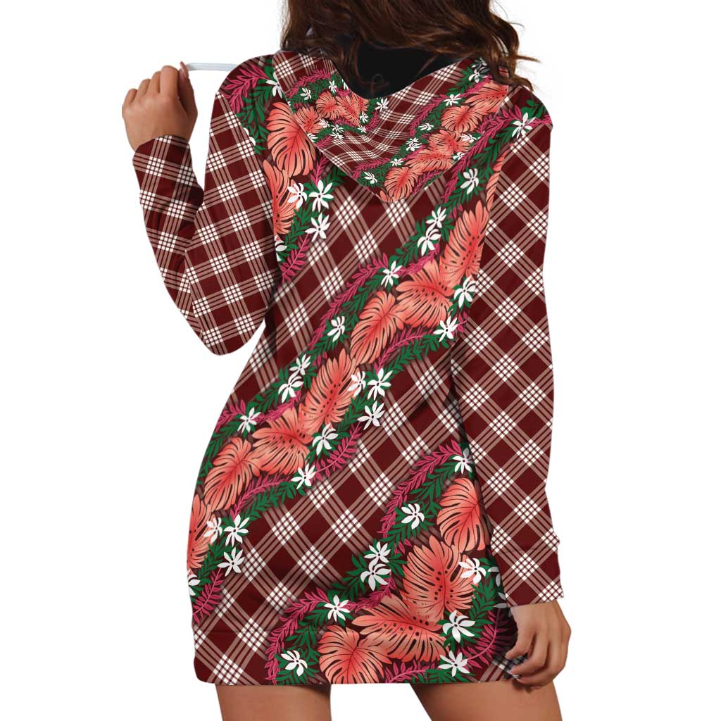 Polynesian Monstera Tiare Floral Hoodie Dress Burgundy Tropical Plaid LT01 - Polynesian Pride