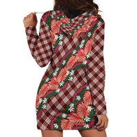 Polynesian Monstera Tiare Floral Hoodie Dress Burgundy Tropical Plaid LT01 - Polynesian Pride
