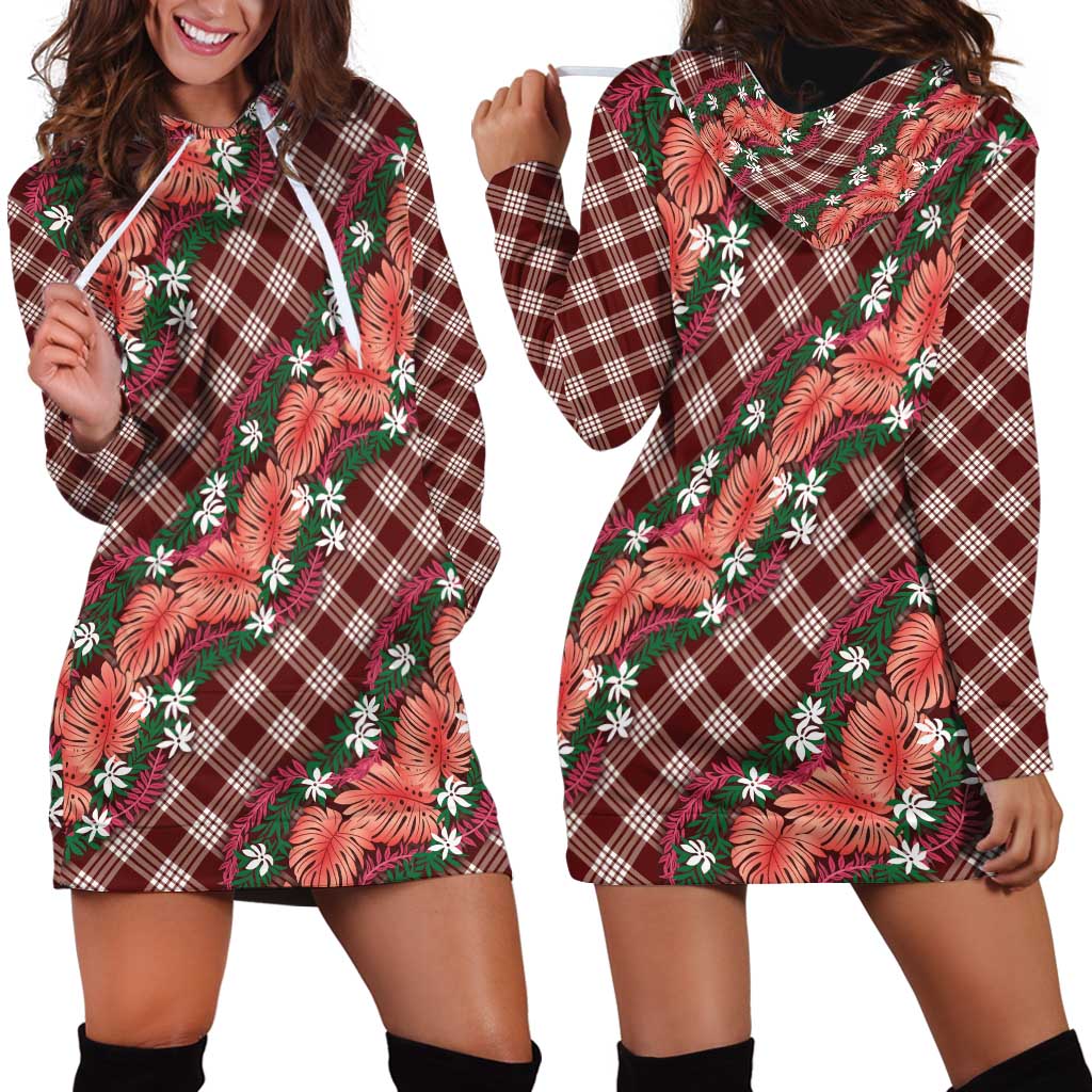 Polynesian Monstera Tiare Floral Hoodie Dress Burgundy Tropical Plaid LT01 - Polynesian Pride