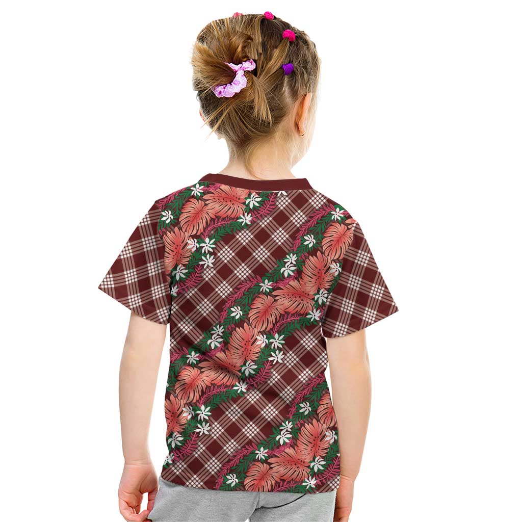 Polynesian Monstera Tiare Floral Kid T Shirt Burgundy Tropical Plaid LT01 - Polynesian Pride