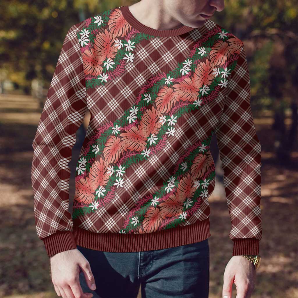 Polynesian Monstera Tiare Floral Ugly Christmas Sweater Burgundy Tropical Plaid - Polynesian Pride