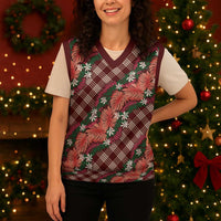 Polynesian Monstera Tiare Floral Christmas Knitted V-Neck Vest Burgundy Tropical Plaid LT01 - Polynesian Pride