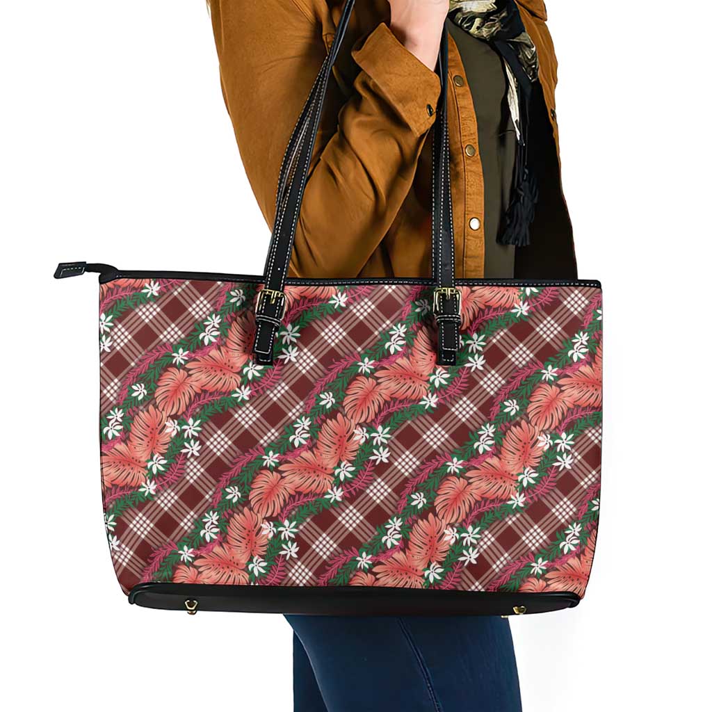 Polynesian Monstera Tiare Floral Leather Tote Bag Burgundy Tropical Plaid LT01 - Polynesian Pride
