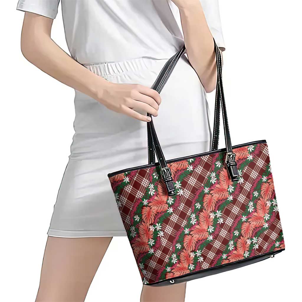 Polynesian Monstera Tiare Floral Leather Tote Bag Burgundy Tropical Plaid LT01 - Polynesian Pride