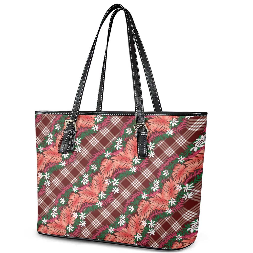 Polynesian Monstera Tiare Floral Leather Tote Bag Burgundy Tropical Plaid LT01 - Polynesian Pride