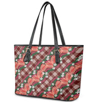 Polynesian Monstera Tiare Floral Leather Tote Bag Burgundy Tropical Plaid LT01 - Polynesian Pride