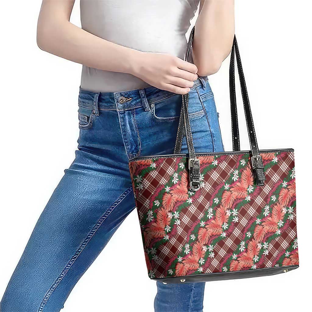 Polynesian Monstera Tiare Floral Leather Tote Bag Burgundy Tropical Plaid LT01 - Polynesian Pride