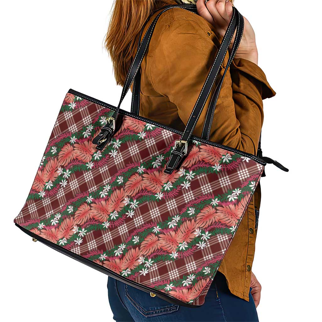 Polynesian Monstera Tiare Floral Leather Tote Bag Burgundy Tropical Plaid LT01 - Polynesian Pride
