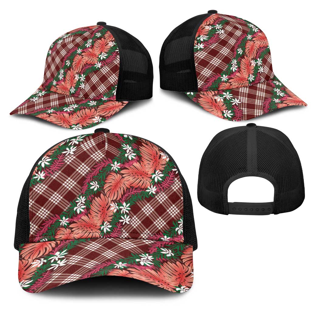 Polynesian Monstera Tiare Floral Mesh Trucker Cap Burgundy Tropical Plaid - Polynesian Pride